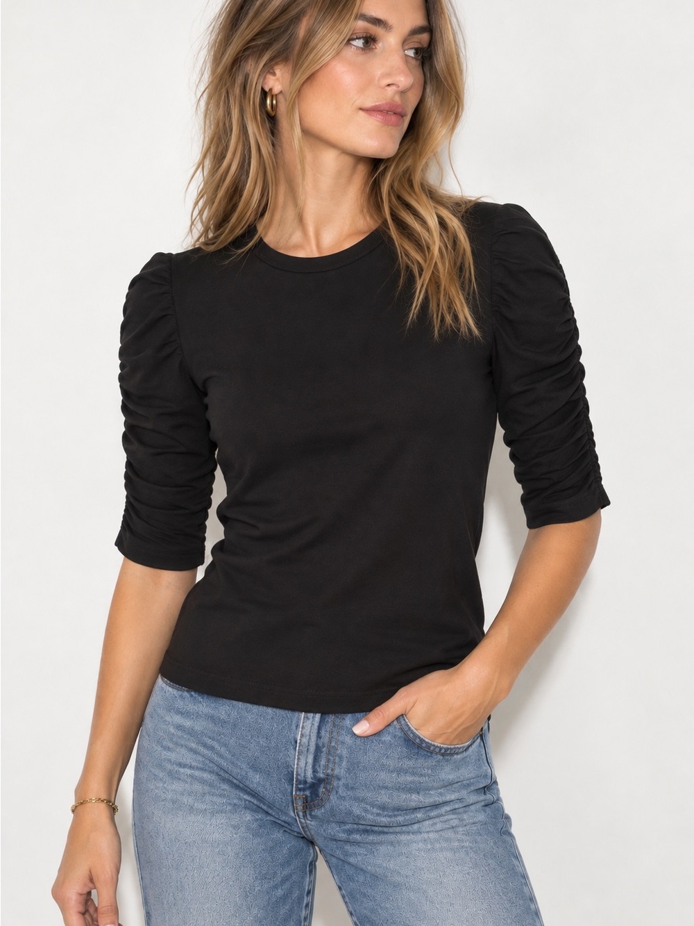 Veronica Beard Waldorf Ruched Sleeve Pima Cotton Black Tee M
